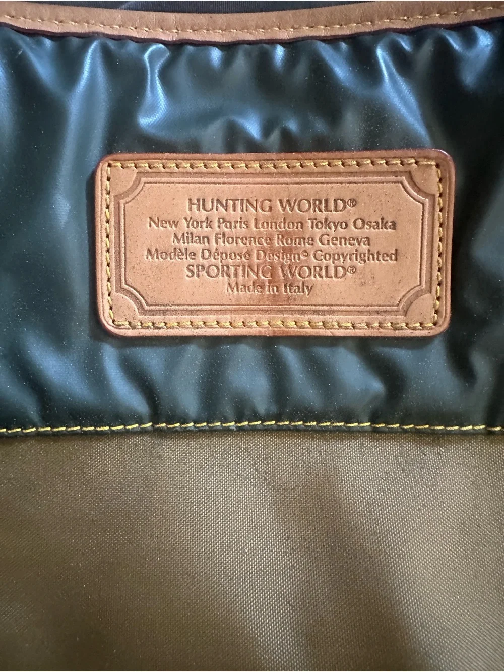 Hunting World Olive Green Nylon Messenger Bag with Tan Leather Trim